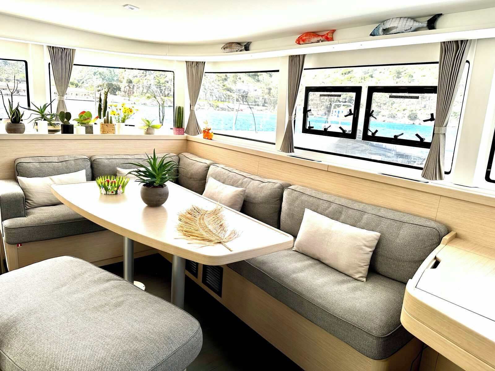 Ein gemütliches Interieur mit einer Couch, einem Tisch und Topfpflanzen.