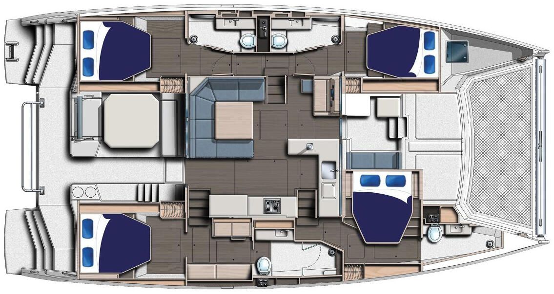 Un plan détaillé des aménagements intérieurs d’un bateau comprenant plusieurs cabines, un espace cuisine et un coin repas.