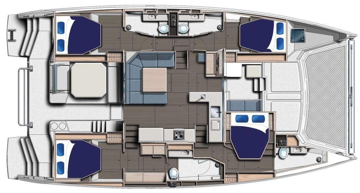 A detailed floor plan of a boat with multiple cabins, a dining area, and a kitchen.