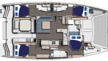 A detailed floor plan of a boat with multiple cabins, a dining area, and a kitchen.