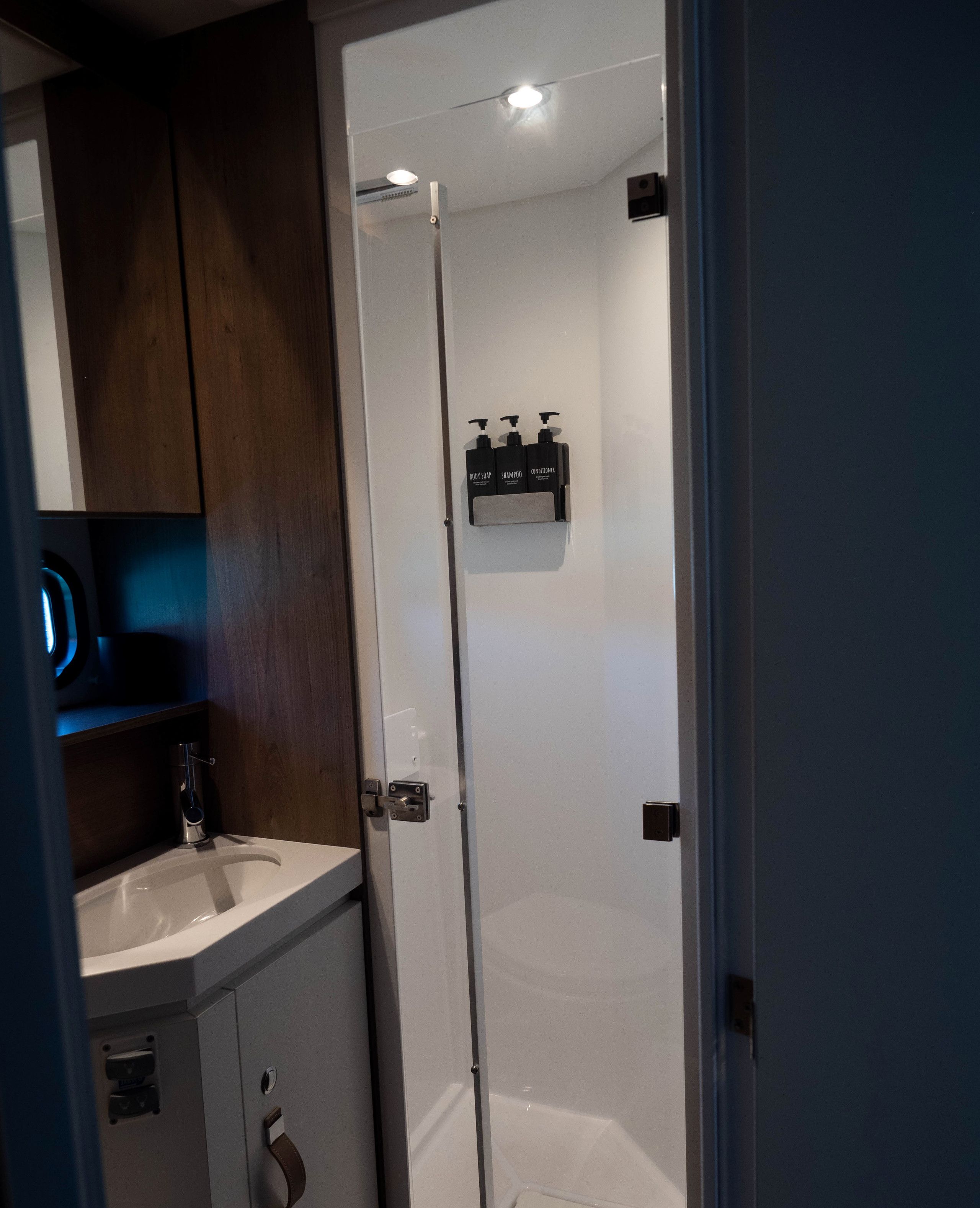 Une salle de bain moderne avec une porte de douche en verre, un lavabo blanc et un meuble en bois foncé.