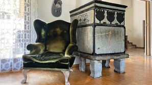 Een kamer met een houten vloer, een donkere gestoffeerde stoel en een stenen voetstuk met decoratieve details.