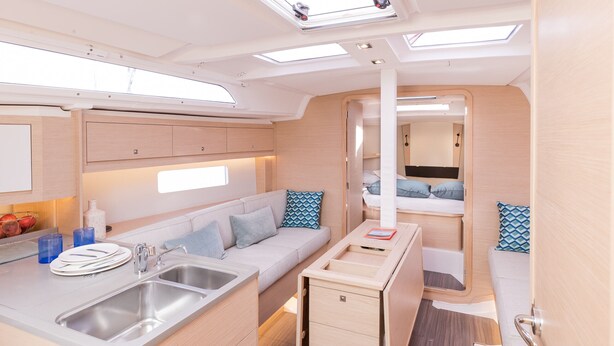 A compact kitchen with a sink, a small countertop, and a storage cabinet. - Sun-Kissed Sailing Adventure in the Ionian Islands, Lefkada (Lefkada)