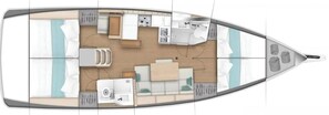 A boat interior with a dining area, kitchen, and a seating area.