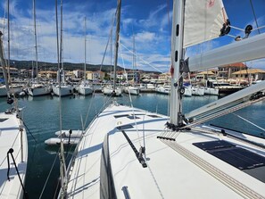 Ein Yachthafen mit mehreren angedockten Segelbooten, einem wolkenlosen Himmel und Gebäuden im Hintergrund.