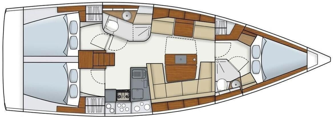 A boat interior with a kitchen area, seating, and a dining space.