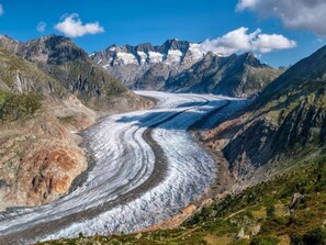 A glacier winding through a mountainous landscape with rocky terrain and sparse vegetation.