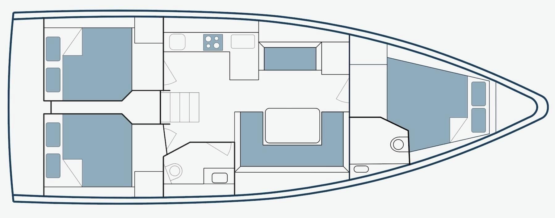 A boat interior with a kitchen, dining area, and multiple cabins.