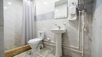 Hair dryer, towels, soap, toilet paper