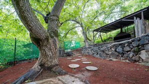 Un chemin de pierres menant à une zone abritée, avec un mur en pierre et un arbre.