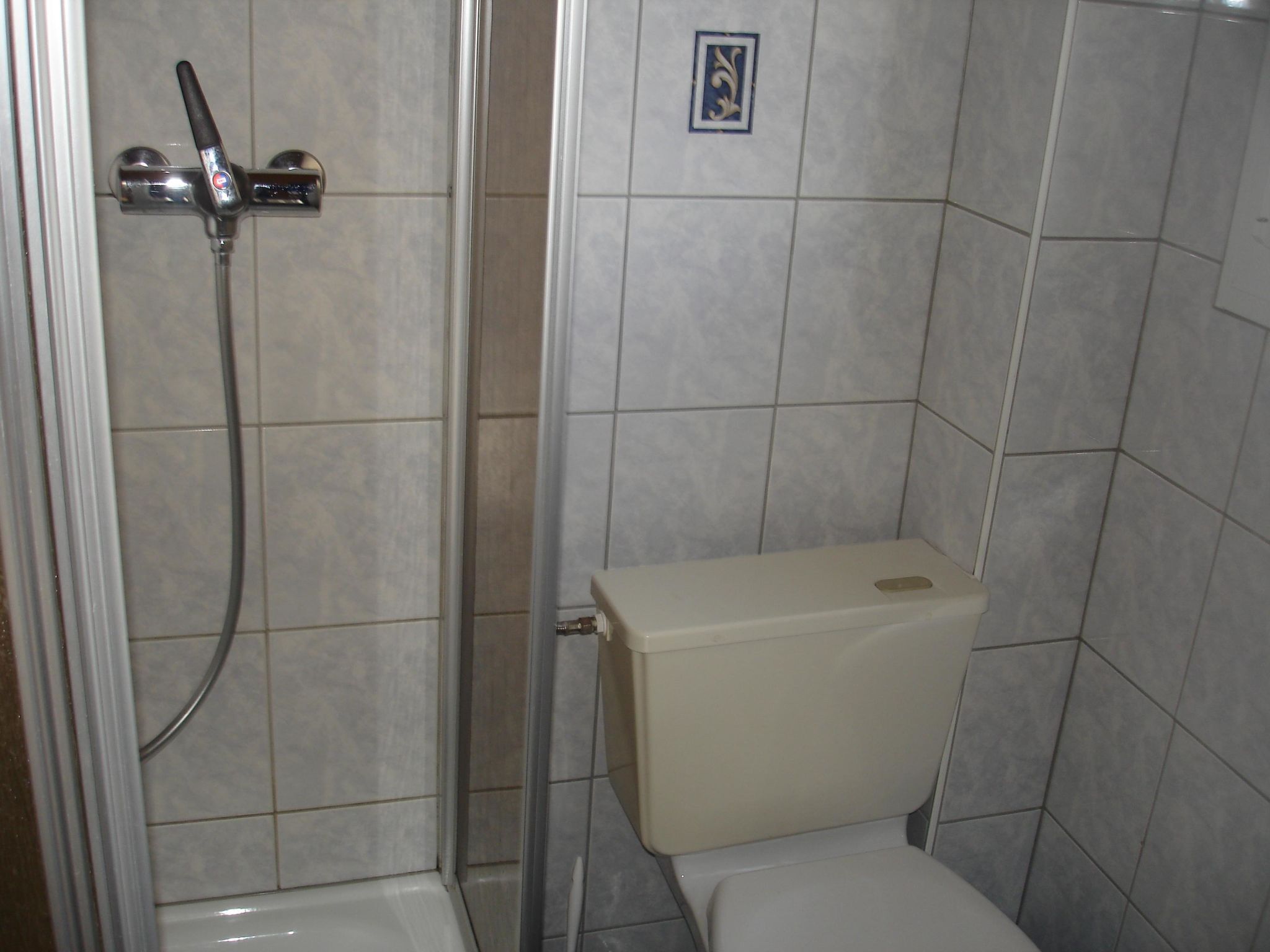 A bathroom with a shower, toilet, and a small decorative tile on the wall.