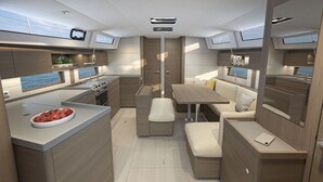 A compact, modern interior with a kitchenette, seating area, and a view through the windows. - Sun-kissed Sailing Adventure in Split-Dalmatia, Croatia (Seget Donji)