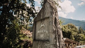 A stone marker with the inscription 'Oberwinkel Gut' and a bird symbol. - A beautiful apartment with its own terrace at Oberwinklgut. (Bischofshofen)