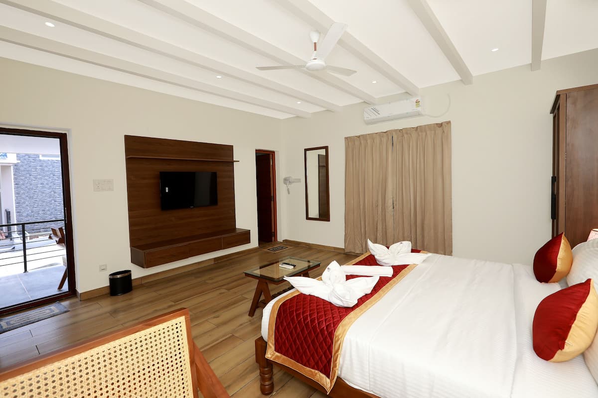 A hotel room with a bed, a television, a ceiling fan, and a view of the outside.