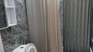 Shower, hair dryer, bidet, towels