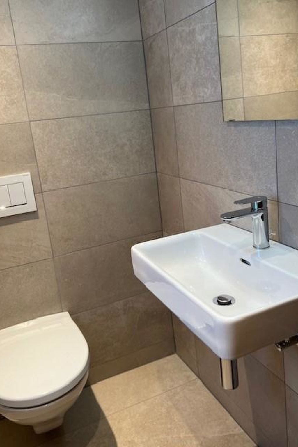 Une salle de bain avec des toilettes blanches, un lavabo blanc doté d’un robinet moderne et un miroir fixé au mur.