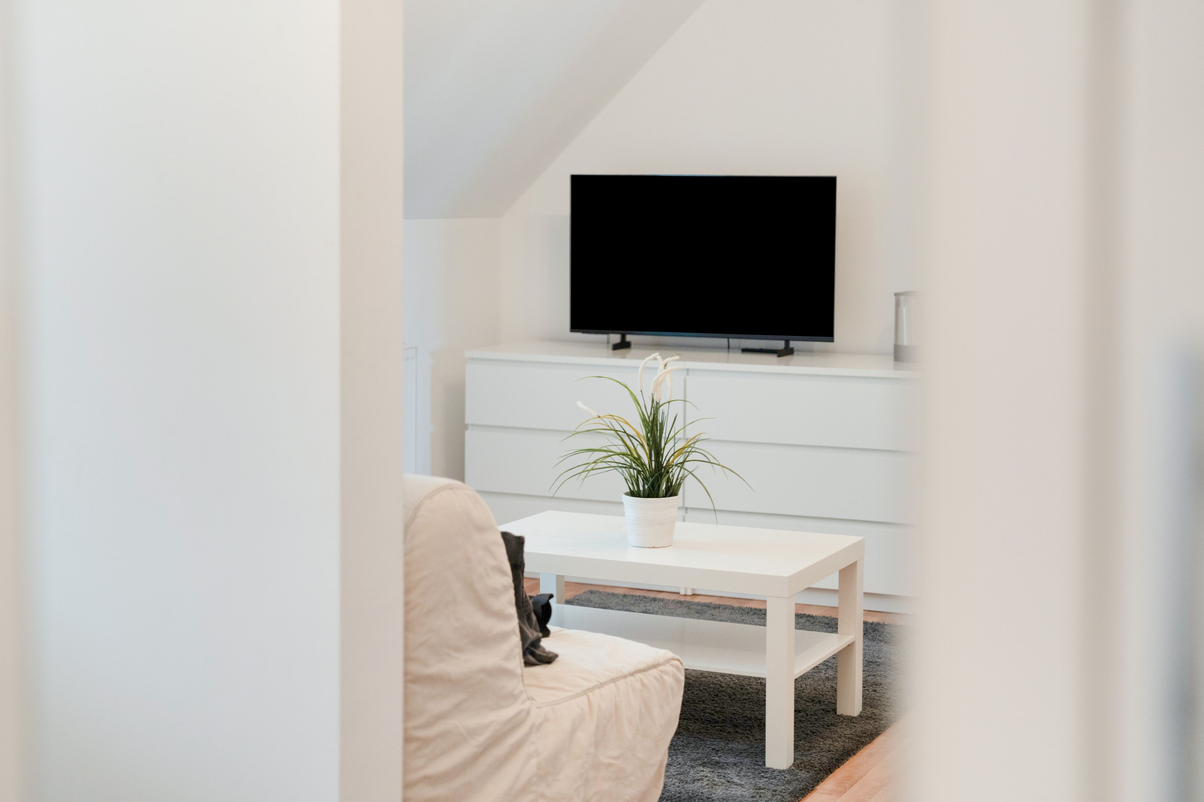Una sala moderna con un sofá blanco, una mesita pequeña con una planta y un televisor de pantalla plana montado en un mueble blanco.
