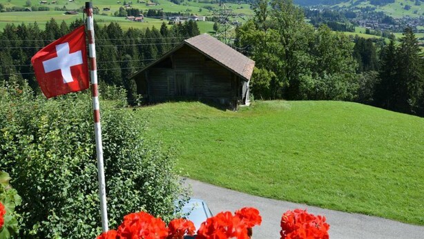 A rural landscape with a wooden cabin, a flagpole with a flag, and a road leading into the distance. - Rehweid (2. Stock) Appartement/Fewo, Dusche oder Bad, WC 5-Bettwohnung by Interhome (Gstaad)