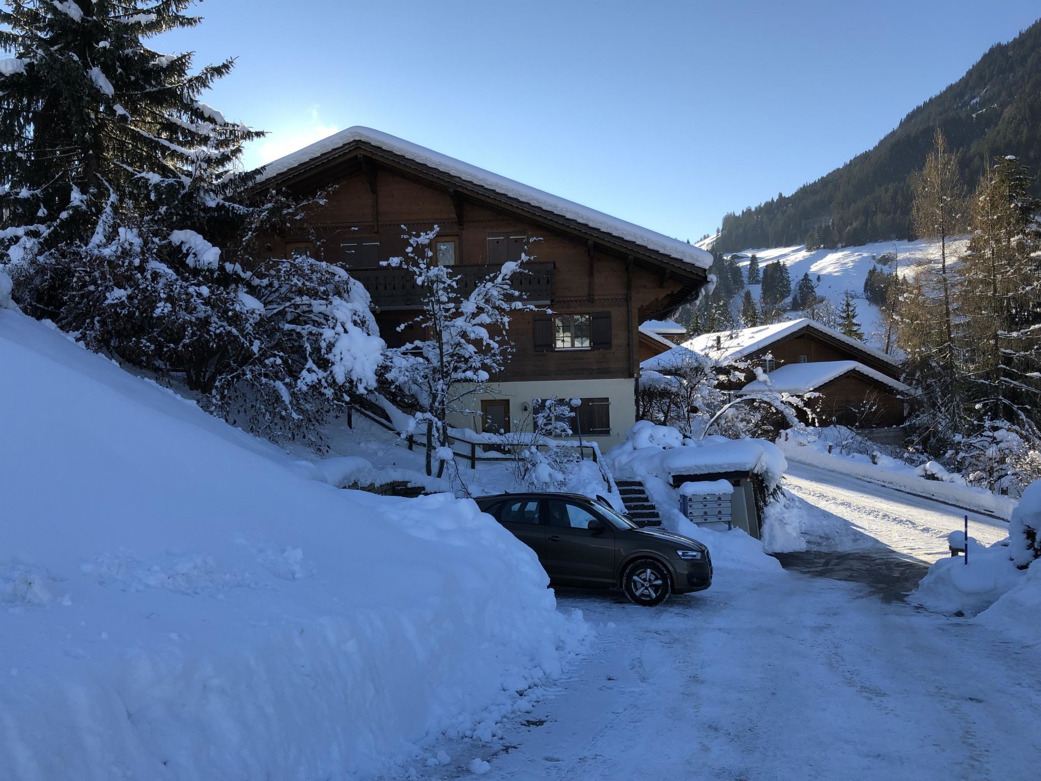 Eine Holzhütte mit einem verschneiten Zufahrtsweg und einem davor geparkten Auto.