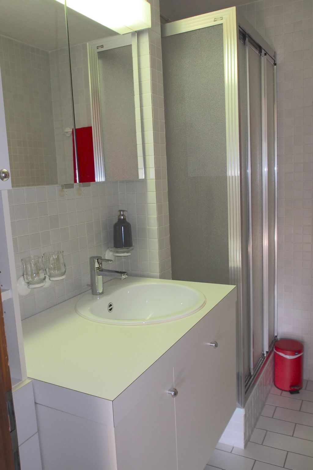 Ein Badezimmer mit einem weißen Waschbecken, einem Spiegel, einer Duschkabine aus Glas und einem roten Mülleimer.