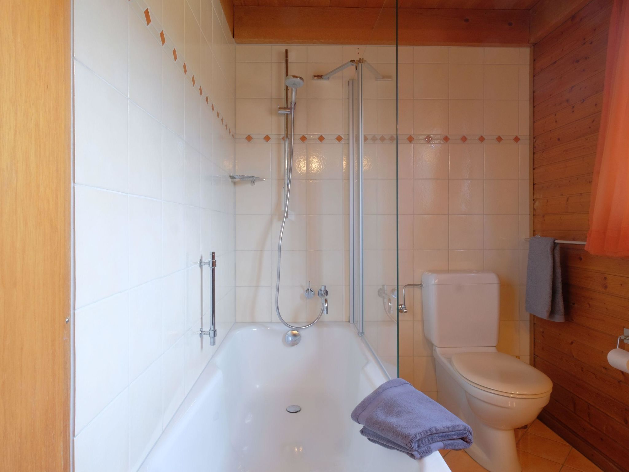 Ein Badezimmer mit Badewanne, Dusche und Toilette.