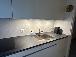 Eine moderne Küche mit einer Spüle aus Edelstahl, einem Wasserhahn und einer Arbeitsplatte.