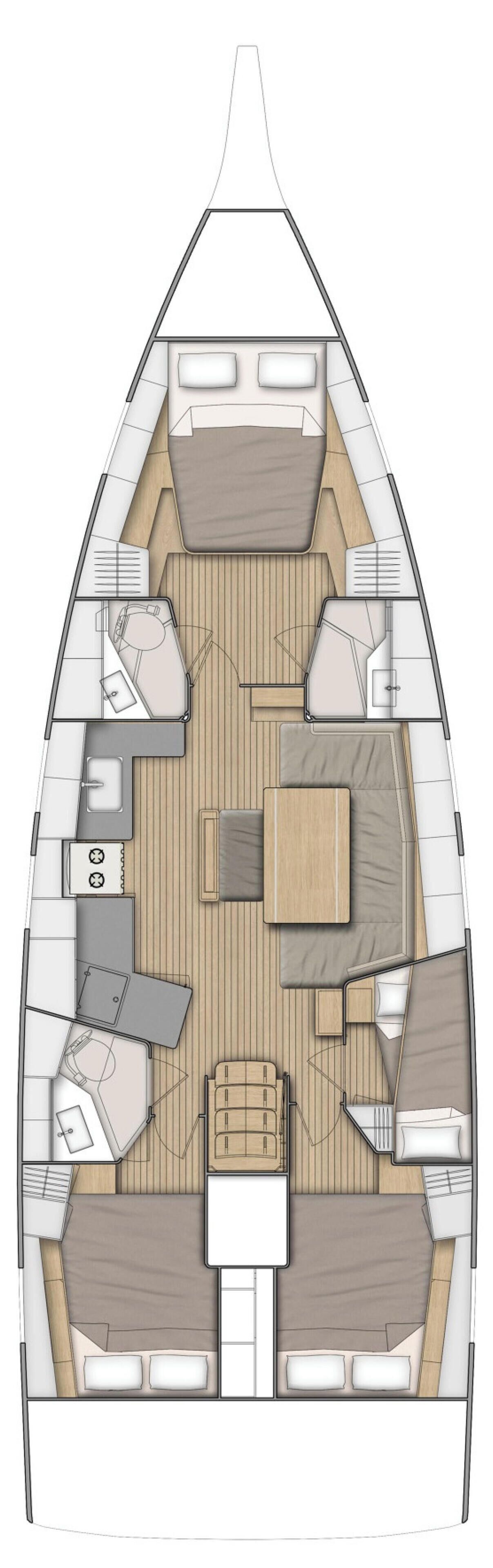 Interior de un barco con una zona de comedor central, dos mesas de comedor más pequeñas, una cocina y un área de estar con varios sofás y sillones.