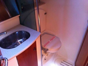 Ein kleines Badezimmer mit Waschbecken, Toilette und Dusche.