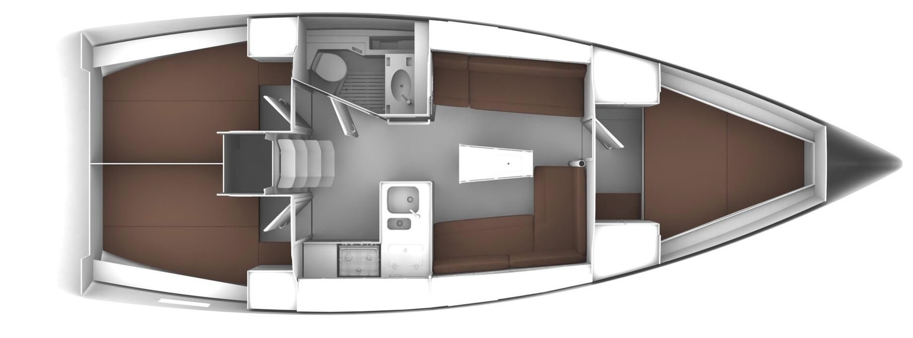 A boat interior with a seating area, a small kitchen, and a bathroom.