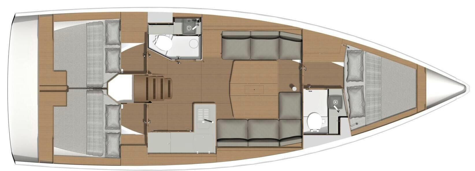 A boat layout with a dining area, kitchen, and seating arrangements.