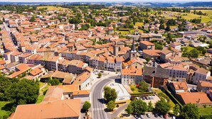 Une ville densément peuplée, avec des bâtiments aux toits rouges, une rue principale et de nombreux espaces verts environnants.