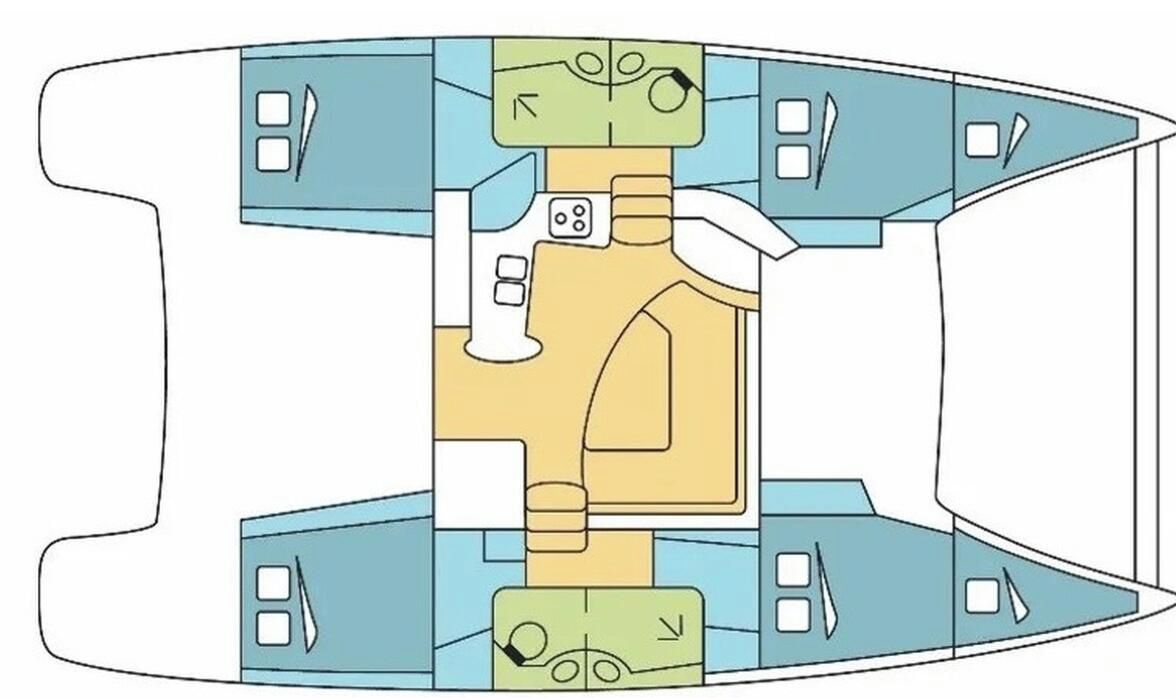 Plano de planta que muestra un vestíbulo central, dos alas y un atrio central.