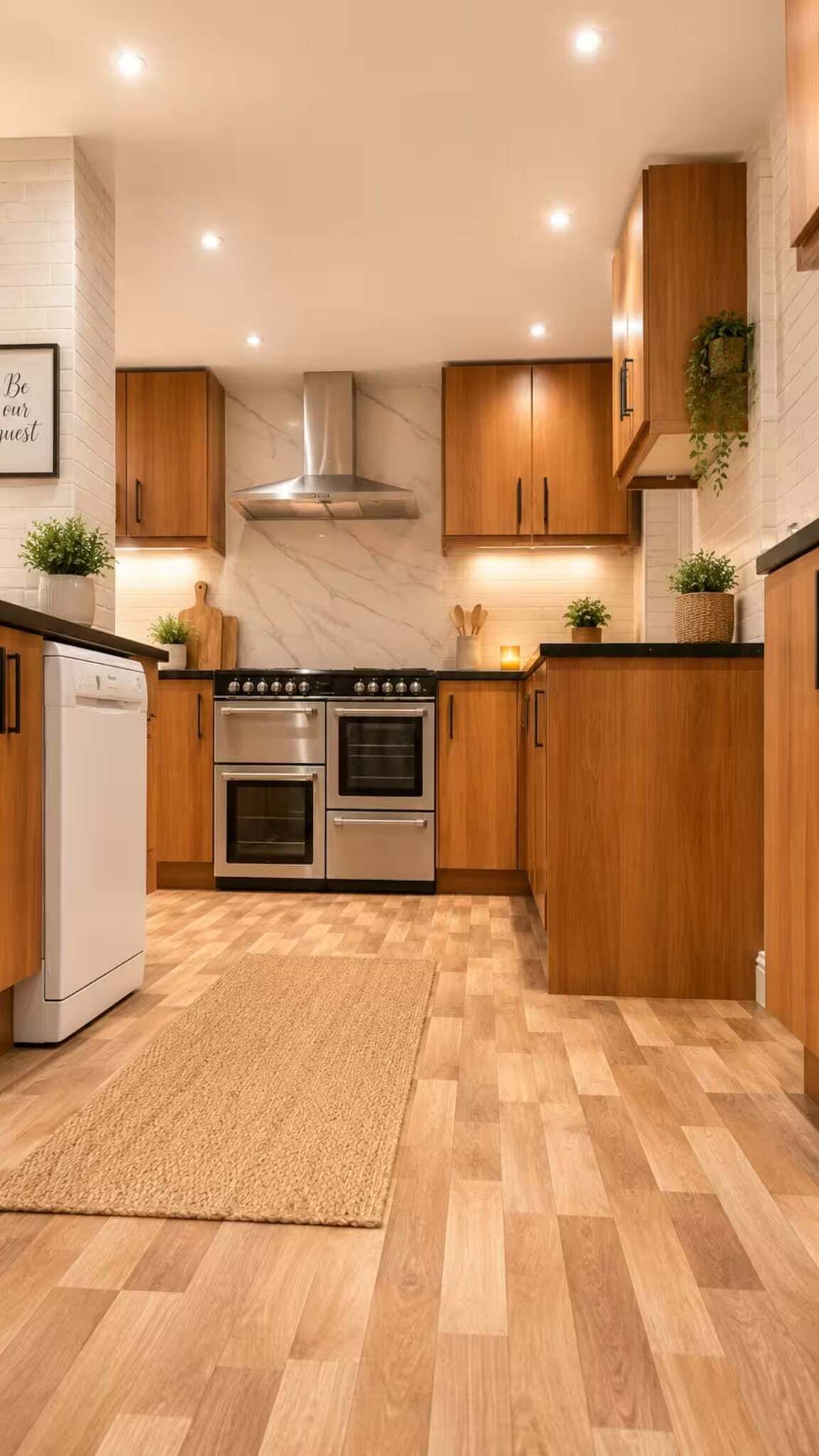 Eine moderne Küche mit Holzschränken, einer Edelstahl-Dunstabzugshaube, einem Backofen und einem Geschirrspüler.