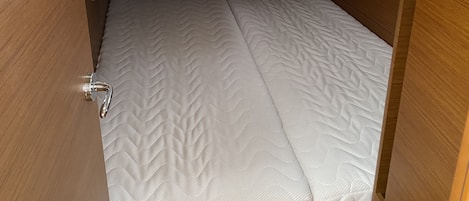 Interior compacto de una caravana con cama, panel de control para baterías y disyuntores, y ventana que proporciona luz natural.