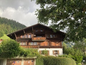 A traditional wooden chalet with multiple balconies, set in a mountainous area with lush greenery. - Akelei (gross) Appartement/Fewo, Dusche oder Bad, WC 7-Bettwohnung by Interhome (Zweisimmen)