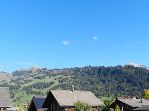 Un pueblo de montaña con casas tradicionales de madera, un cielo azul despejado y una ladera boscosa.