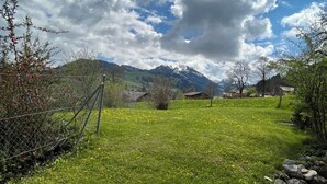 Ländliche Landschaft mit einem grasbewachsen Feld, einem Zaun und einem Gebirge im Hintergrund.