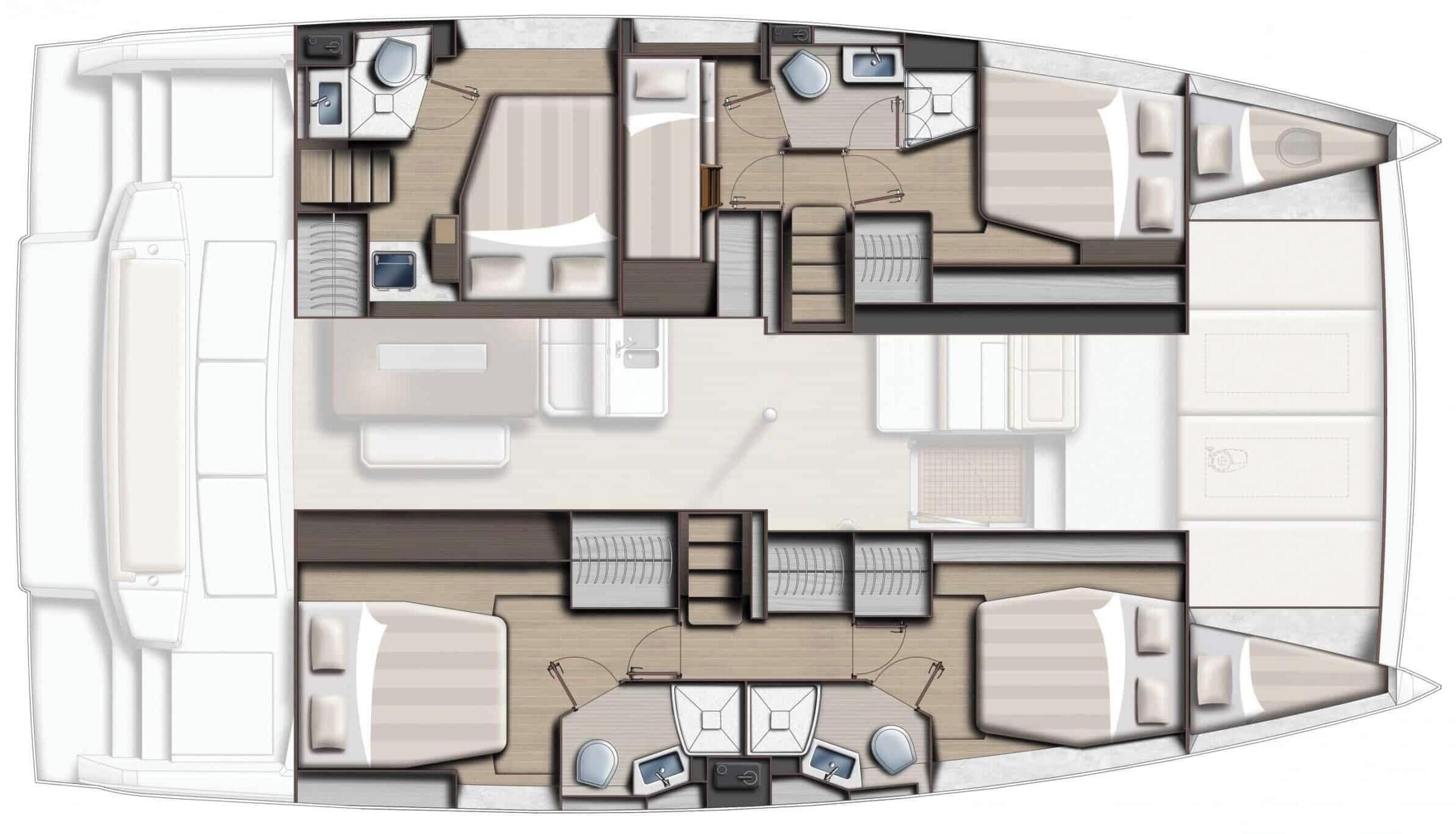 L’intérieur d’un bateau comprend un espace repas, une cuisine et deux cabines.