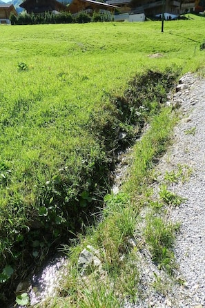 A grassy area with a narrow path beside a building. - Majelas Heiti Appartement/Fewo, Dusche und Bad, WC 6-Bettwohnung by Interhome (Gsteig bei Gstaad)