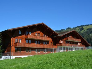 Un chalet en bois doté de balcons, situé dans un cadre montagneux.