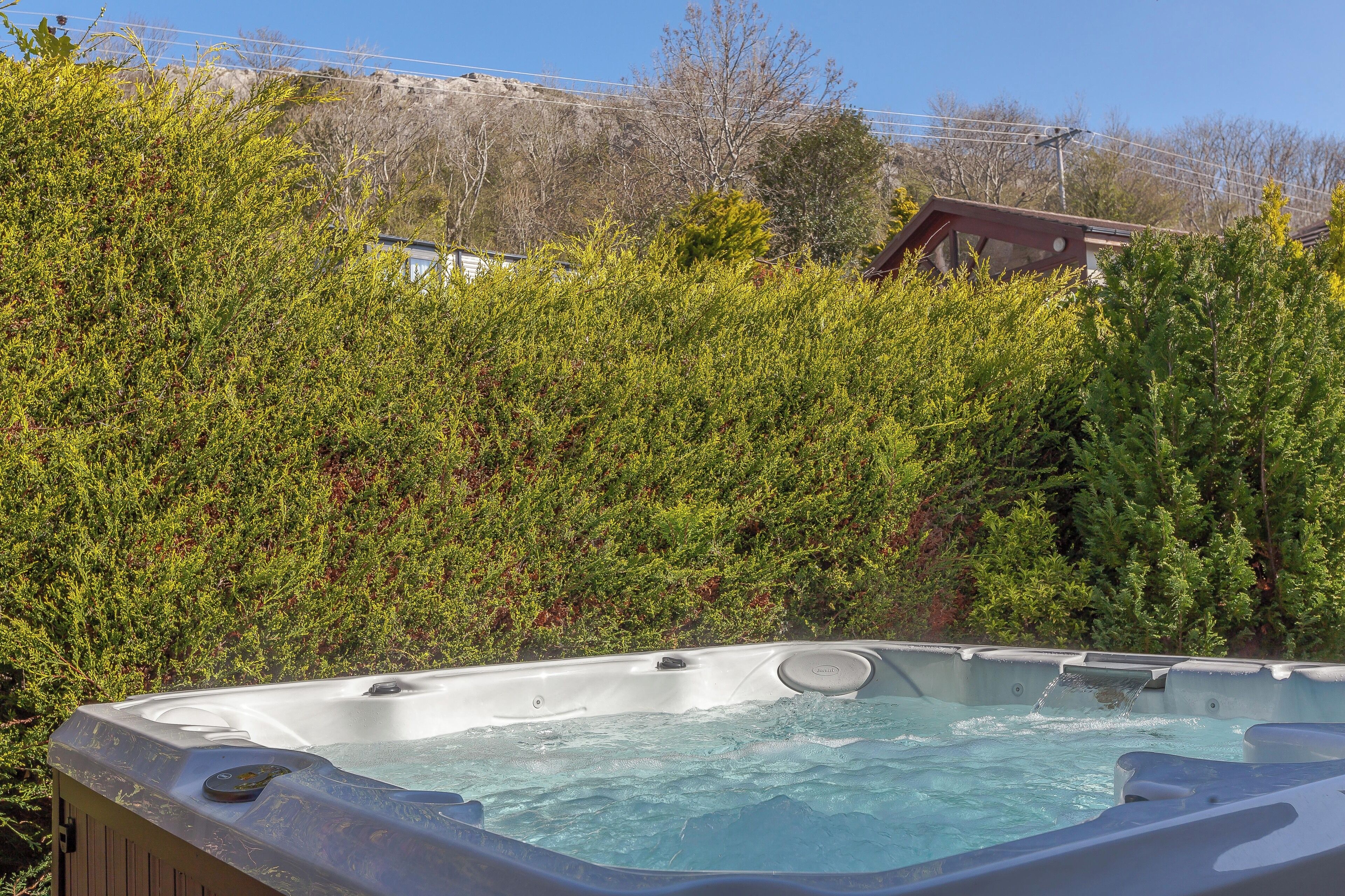 A hot tub surrounded by dense shrubbery with a clear sky in the background.