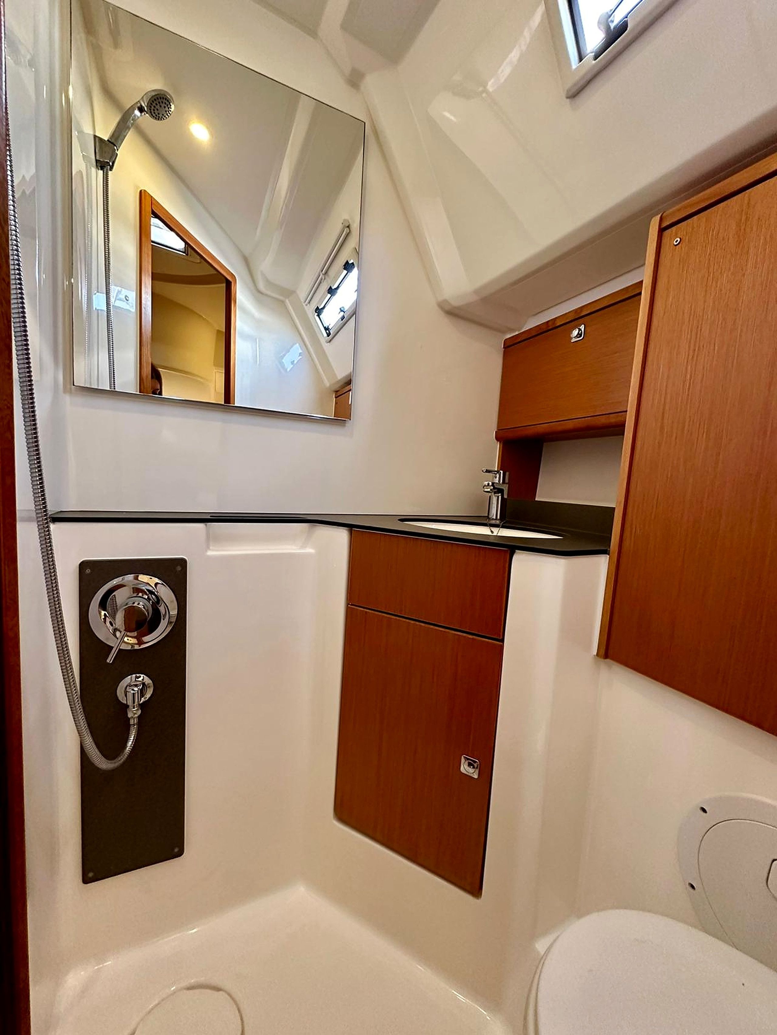 A compact bathroom with a shower, a toilet, and a mirror.