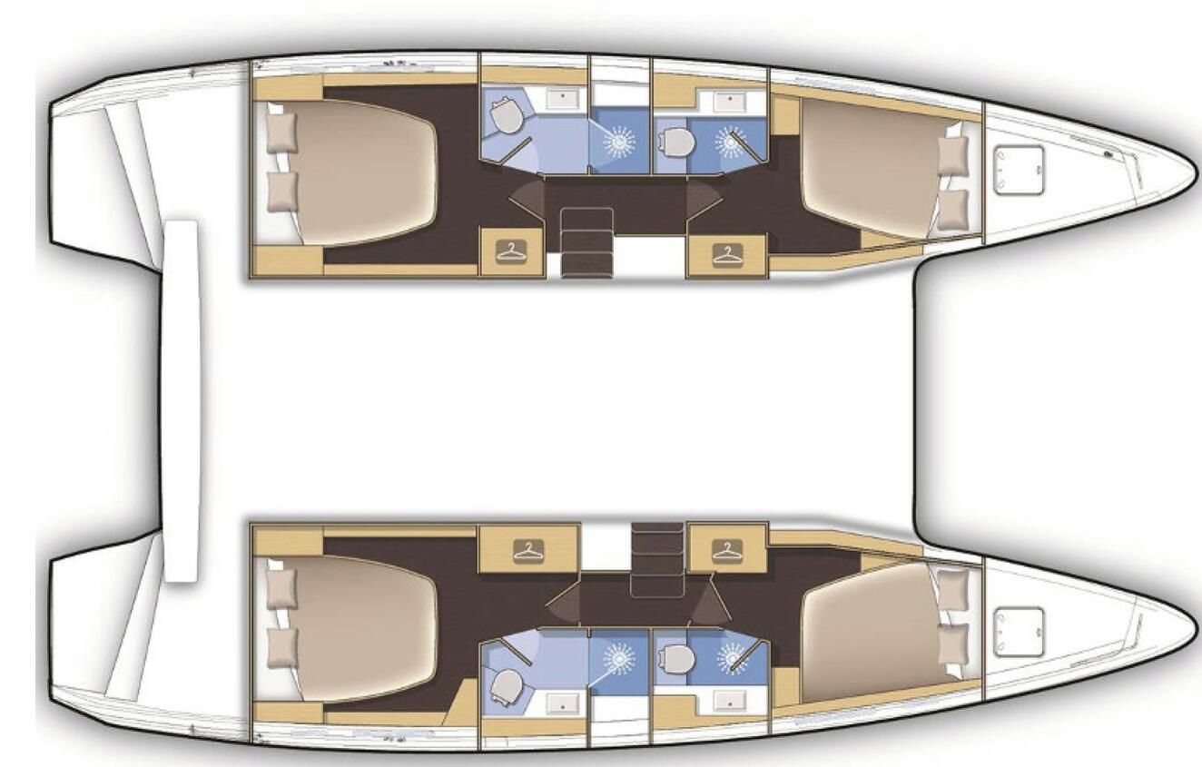 L’intérieur d’un bateau comprend deux cabines, un espace repas central et une petite cuisine.