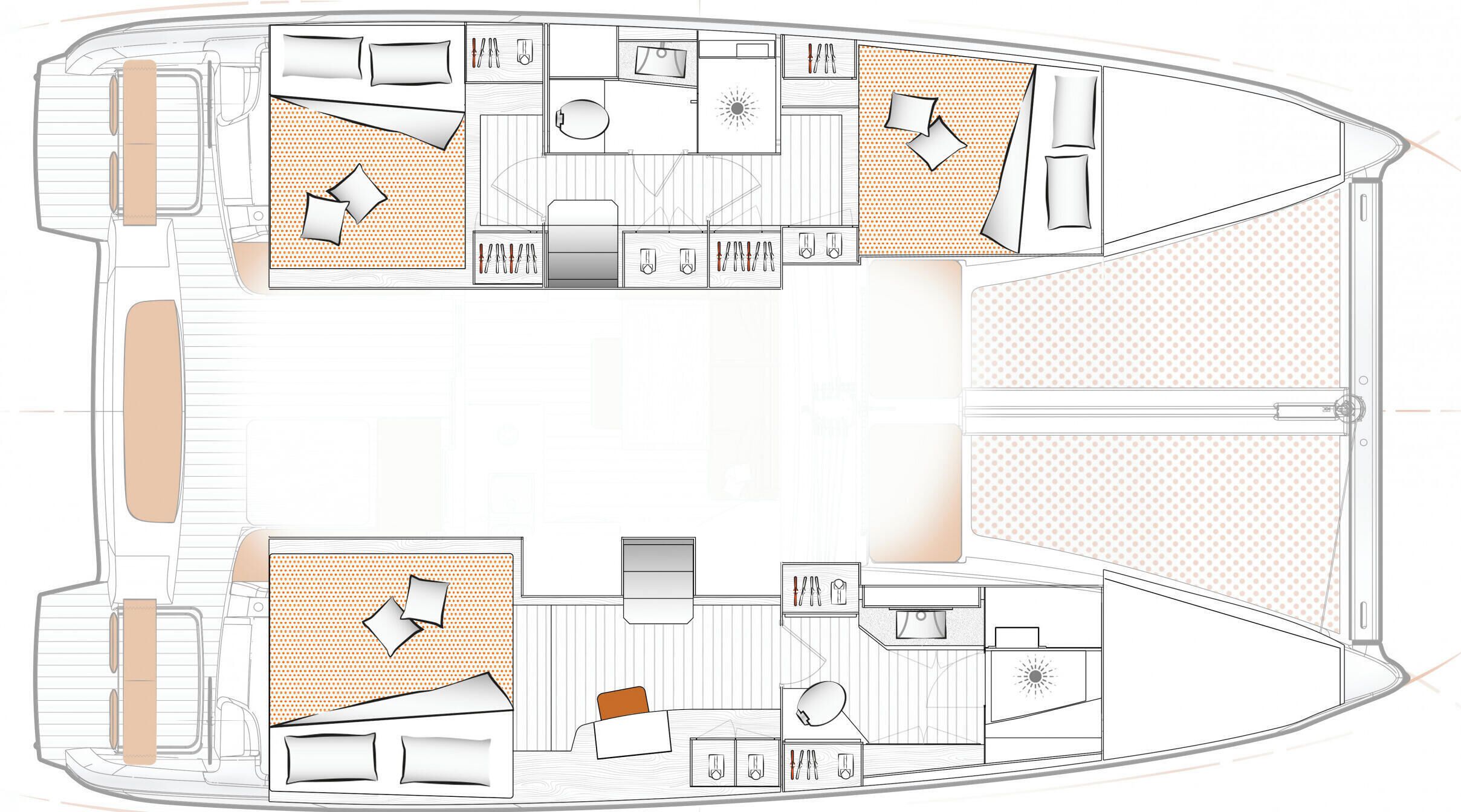 Planta baixa de um barco com várias cabines, cozinha e área de refeições.