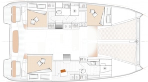 A floor plan of a boat with multiple cabins, a kitchen, and a dining area. - Sun-Kissed Sailing Adventure in Islas Baleares, Mallorca (Palma)