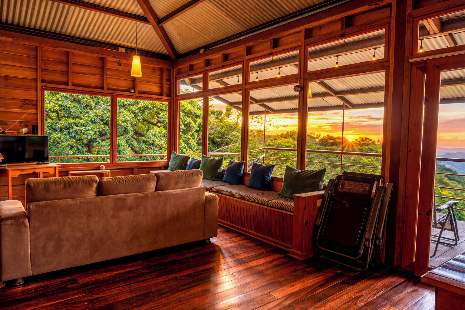 Interior acogedor de una cabaña con piso de madera, un sofá con cojines, un televisor y ventanas amplias que ofrecen vistas al exterior.