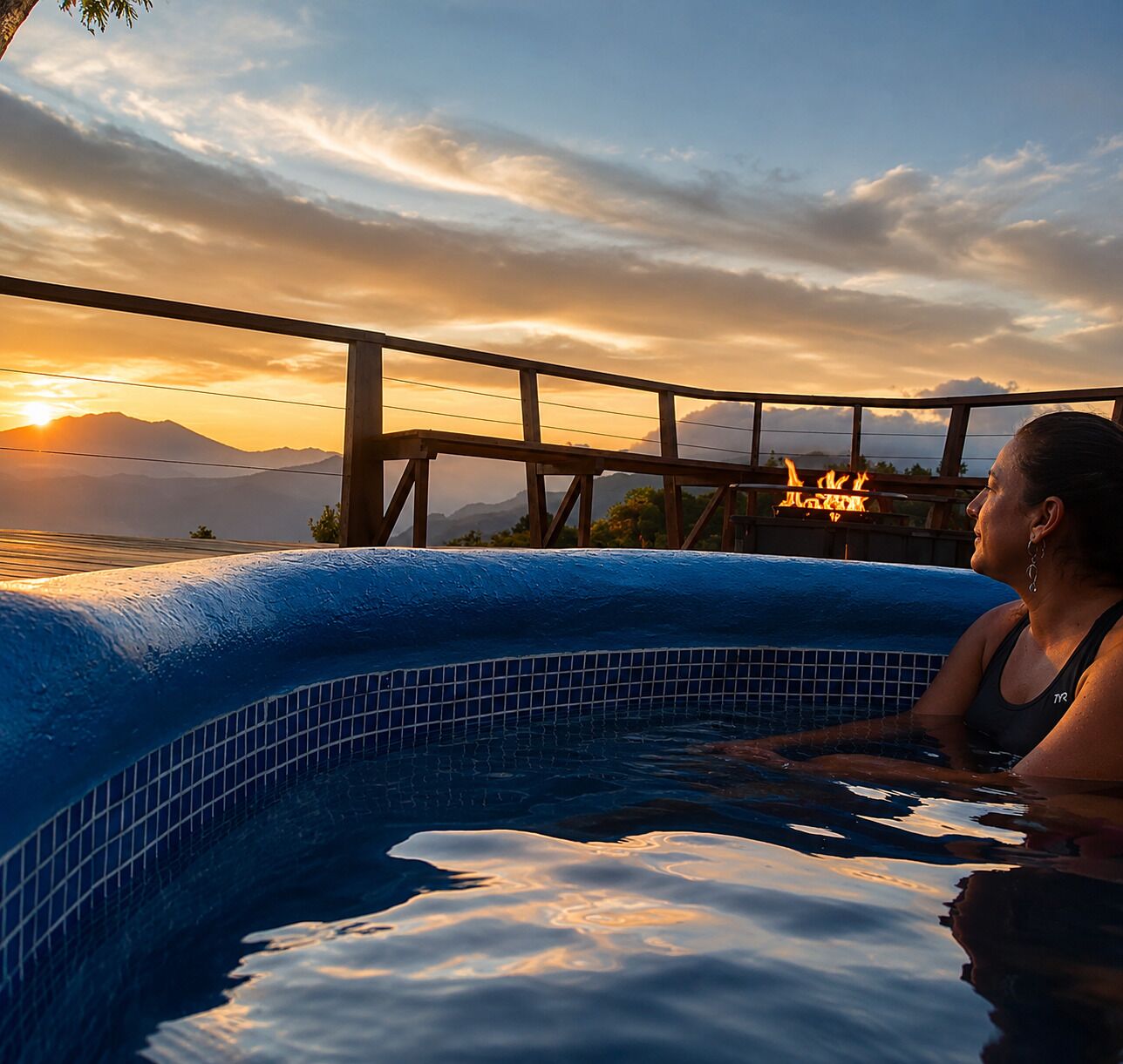 A person in a hot tub with a sunset view, wooden deck, and a mountain in the background.