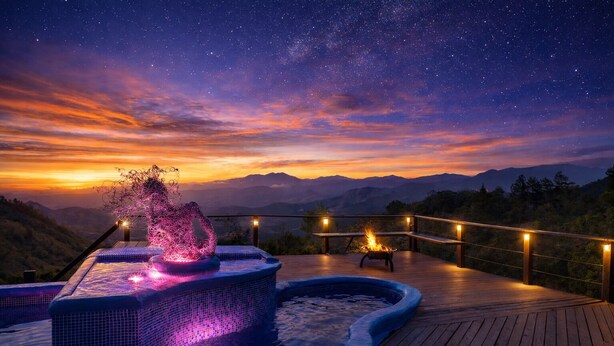 A hot tub with a fire feature, a wooden deck, and a starry night sky. - El Refugio La Brisa del Diablo – Jungle House (Letrero,)