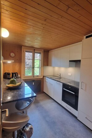 A modern kitchen with wooden ceiling, white cabinets, a granite countertop, and a built-in oven. - Bachhüsi Appartement/Fewo, Dusche oder Bad, WC 6-Bettwohnung by Interhome (Zweisimmen)