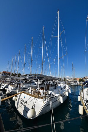 Ein Yachthafen mit mehreren dort liegenden Segelbooten.